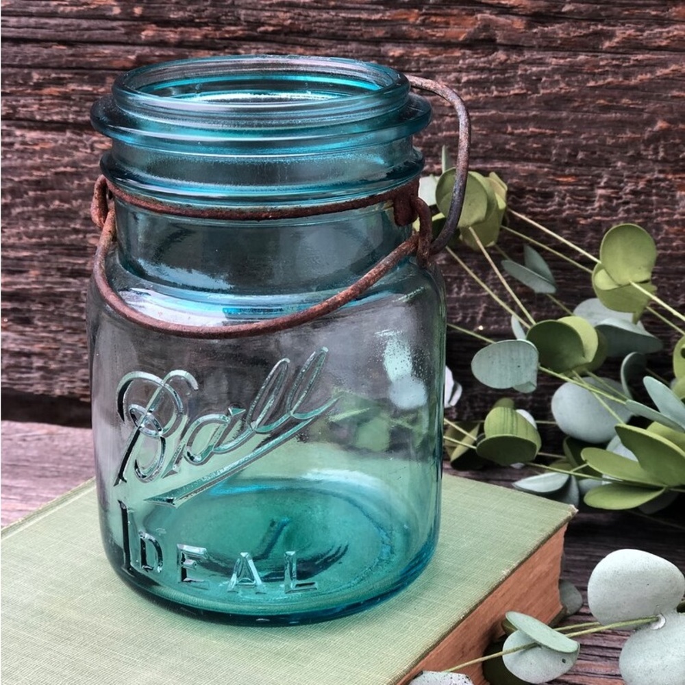 🤎Farmhouse Aqua Blue Ball Ideal glass mason jar Wire lock Canning jar vase🩵